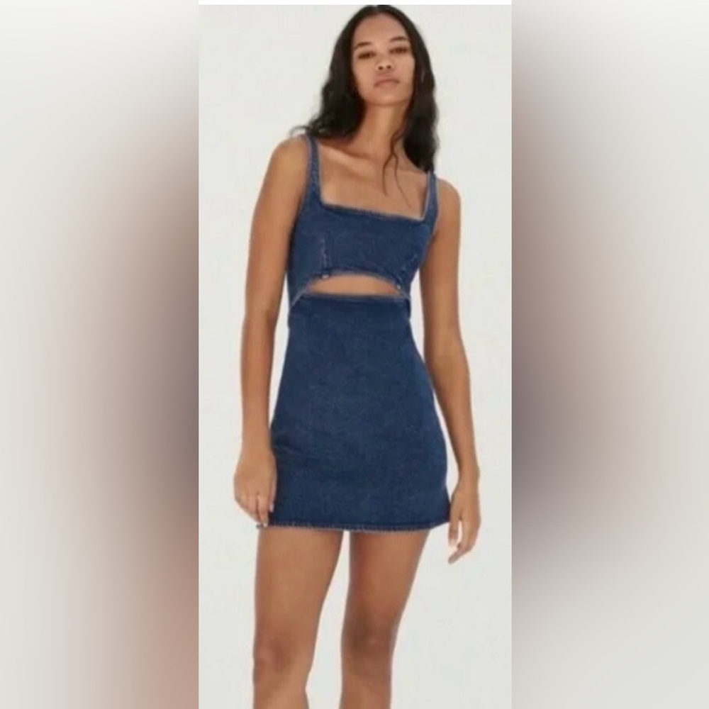 Zara Mini Dress Cotton Denim Revealing MidSection Cutout Blue Wash Size S NWOT